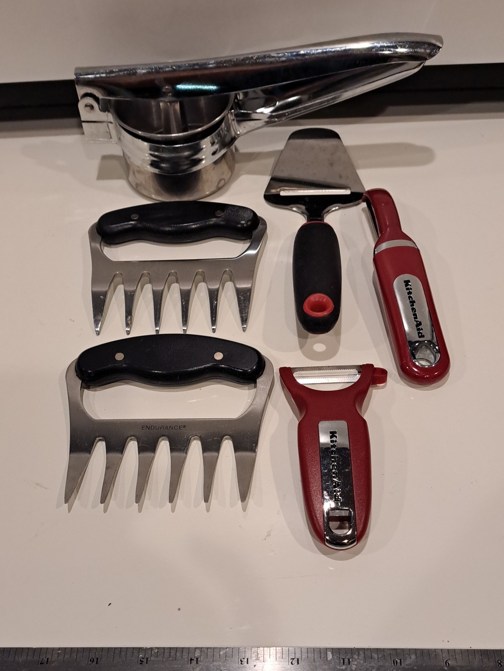 Kitchen Tools Lot  2 Veg Peelers, Cheese Slicer,potato ricer, 2  Heavy Duty Meat